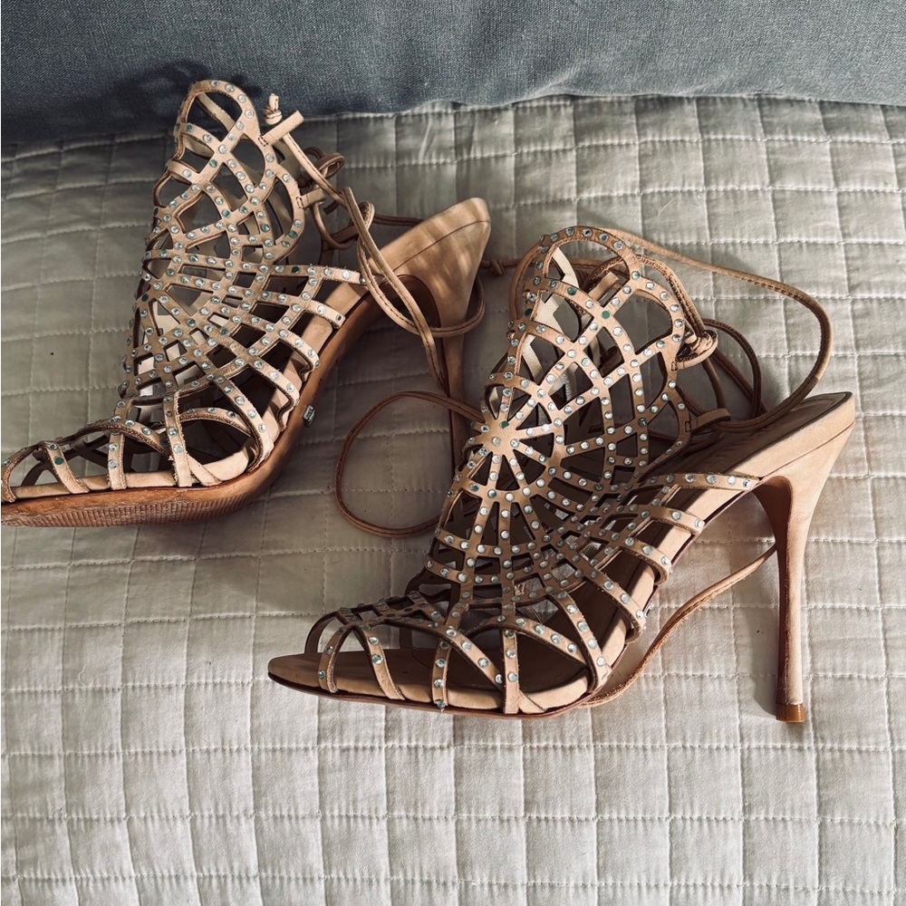 SCHUTZ Tan Leather Strappy Heels with Rhinestones